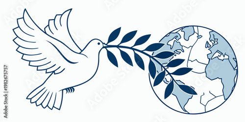 Peace dove flying with an olive branch over a stylized blue earth globe illustration cooperation diplomacy environment international isolated nonviolence protection spiritual template