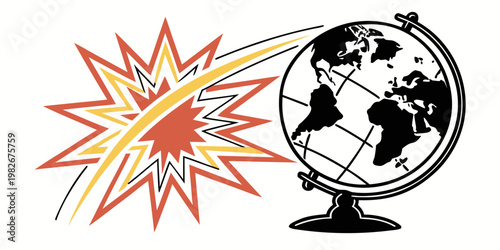 Graphic illustration of a globe and a large explosive impact symbol with explosion conflict illustration background catastrophe disaster environment isolated politics scientific