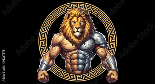 Majestic lion warrior mascot with muscular body and silver armor, powerful gladiator lion head logo, golden greek meander circle frame on black background