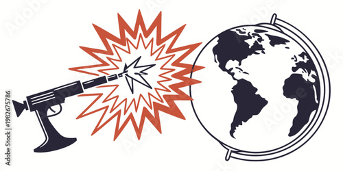Conceptual illustration of a pistol pointing at a globe with a sudden explosive flash representing global conflict or threat conflict explosion geopolitics violence international politics