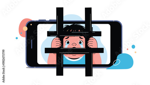 Emotional illustration depicts a crying child trapped behind black bars on a smartphone screen, symbolizing the dangers of social media.