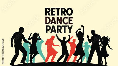 Silhouettes of diverse people dancing at a retro dance party event against a cream background with bold stylish typography text.
