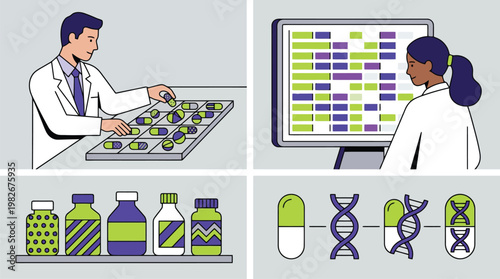 Medical researcher analyzing data charts and DNA imagery.