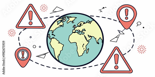 Global warning alerts and danger signs set around the world map icon illustration with triangle location attention environment navigation geography illustration abstract information