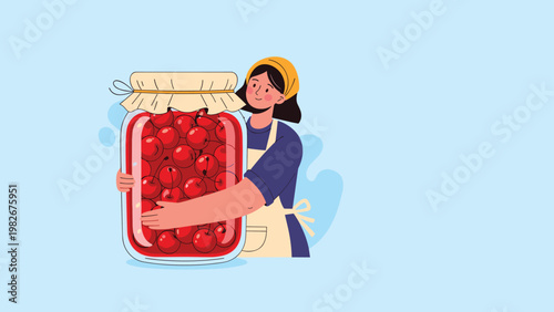 Young woman wearing an apron and headscarf happily hugging an enormous glass jar filled with many red ripe cherries.
