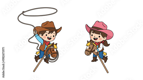 Two happy young children dressed in cowboy hats and scarves playing together while riding wooden hobby horses and using a lasso.