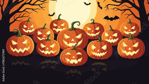 Large collection of carved glowing jack-o-lanterns with spooky faces arranged in a dark forest setting under a bright full moon.