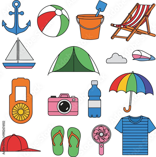 Summer beach vacation icons set with travel accessories and leisure items for tourists
