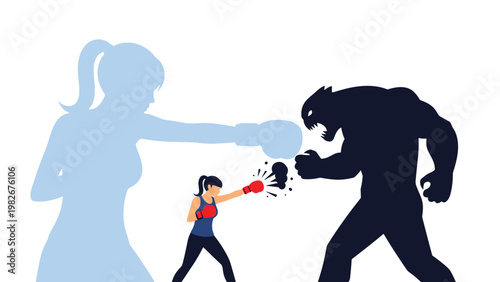 Strong athletic woman in boxing gloves delivering a powerful punch to a massive dark monster silhouette in a symbolic battle.