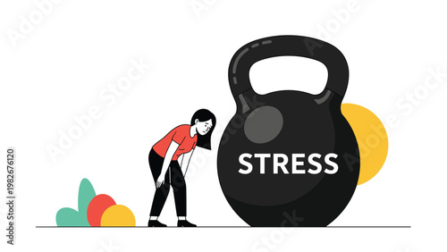 Exhausted young woman standing next to a massive heavy kettlebell labeled with the word stress in a symbolic representation.