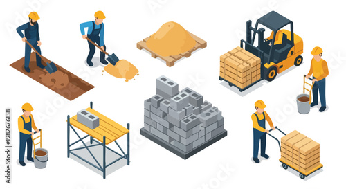 Construction Site Isometric. Workers and Materials. Building Process.