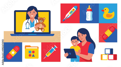 pediatric doctor consulting child through video call.