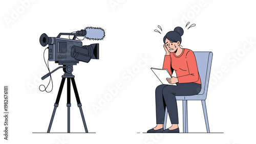 Anxious woman sitting on a chair and sweating while looking at a professional television camera during a stressful interview.
