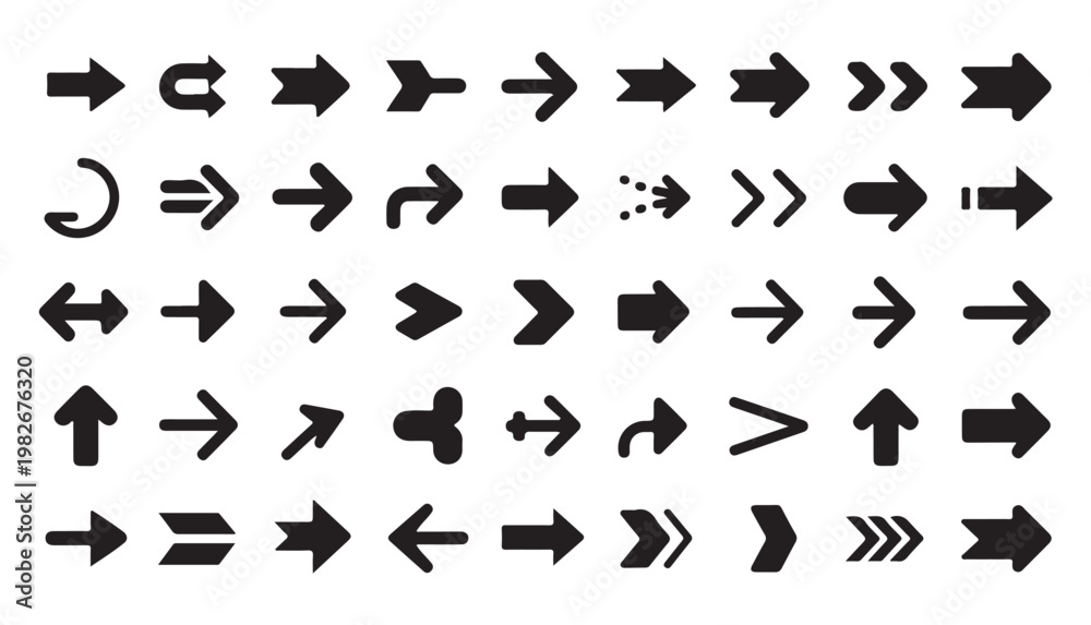 Fototapeta premium Set of black flat arrows, signs and icons isolated on white background for user interface.
