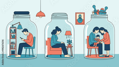 Diverse people isolated in individual glass jars including a man on a phone and a family in a symbolic representation of isolation.