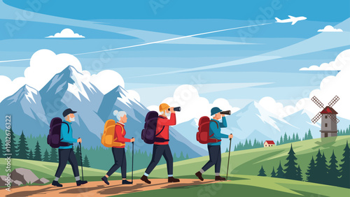 Group of four active senior hikers with backpacks and walking sticks trekking through a beautiful mountain landscape at daytime.