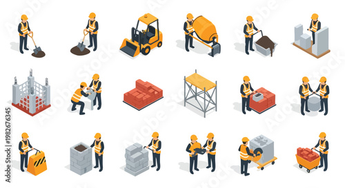 Construction Workers Isometric Set. Building Process Vector Illustration. Industrial Site Elements. Laborers at Work.