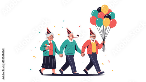 Three happy elderly people wearing party hats and carrying balloons while walking together in a joyful celebratory atmosphere.