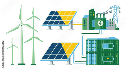 Renewable Energy Infrastructure Featuring Wind Turbines And Solar Panels.