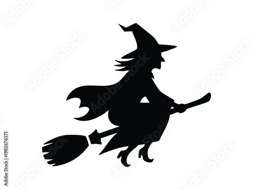 A black silhouette of a witch flying on a broomstick, depicted in a classic Halloween or fantasy style.