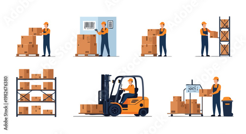 Warehouse logistics operations. Delivery service workers. Flat vector illustration set. Storage and inventory concept.