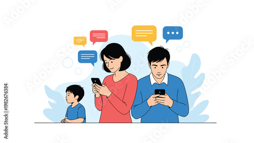 Parents standing back to back while focused on their smartphones and ignoring their young son sitting alone on the floor.