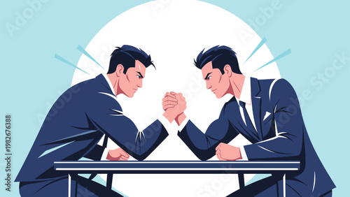 Two competitive businessmen arm wrestling on a table symbolizing corporate competition and power struggle in the workplace.