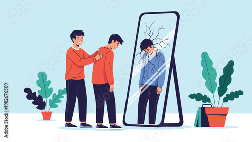 Man comforting his depressed friend who is looking at a cracked mirror reflecting a sad and broken image of himself.