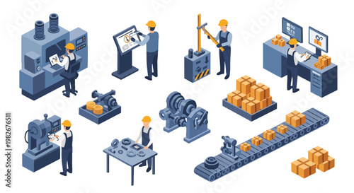 Industrial Production Line. Factory Automation. Manufacturing Process. Isometric Style.