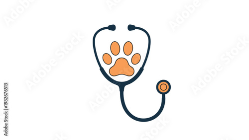 Stethoscope forming a heart shape around a colorful animal paw print representing veterinary medicine and pet care.