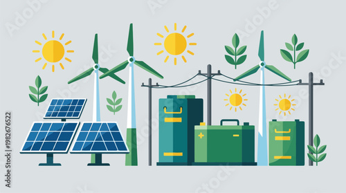 Renewable Energy Infrastructure Showcasing Solar Panels And Wind Turbines.