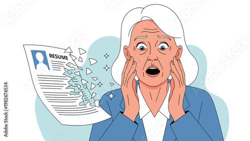 Surprised elderly businesswoman looking shocked as her resume paper is disintegrating into small pieces in mid-air.