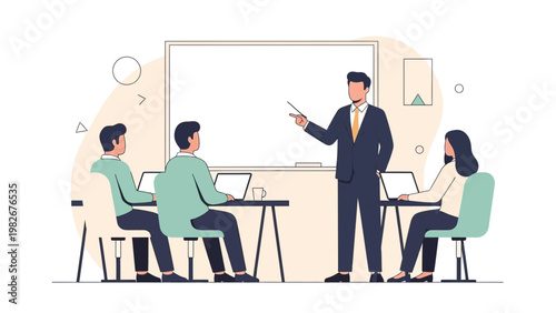 Business meeting: teacher explaining on whiteboard to students with laptops