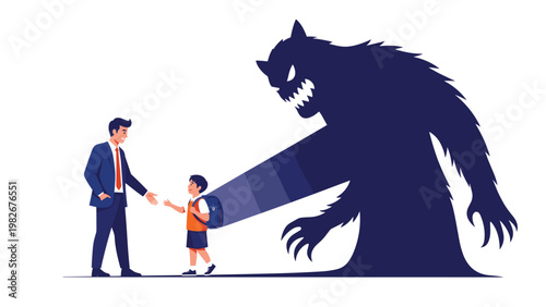 Man greeting a small child whose shadow takes the form of a large and terrifying monster symbolizing hidden danger.