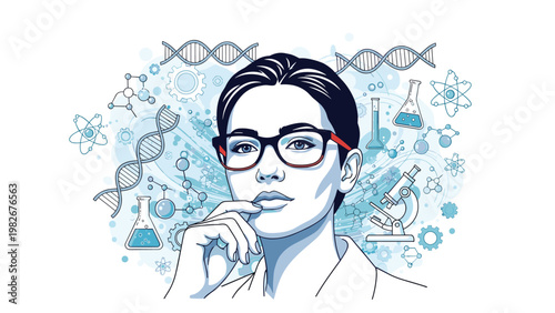 Professional woman scientist in glasses thinking deeply while surrounded by various laboratory and chemistry icons.