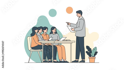 Business meeting: teacher instructing students in a classroom with laptops