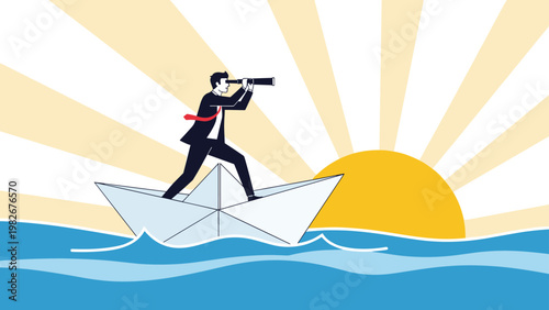 Ambitious businessman standing on a paper boat and looking through a telescope towards a rising sun on the sea.
