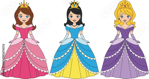 Beautiful princess characters vector illustration featuring elegant fairy tale girls in colorful gowns royal cartoon collection isolated design