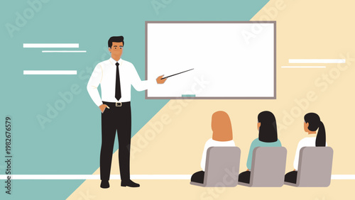 Business meeting: teacher presenting on whiteboard to students in classroom