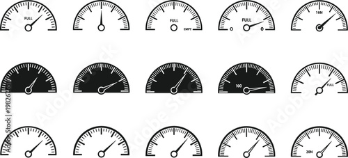 A collection of black and white gauge icons depicting varying levels of fullness or measurement high quality professional detailed modern elegant