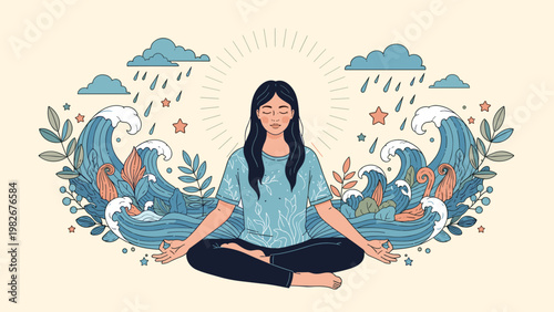 Woman meditating in a lotus position with closed eyes surrounded by decorative waves and plants symbolizing tranquility and peace.