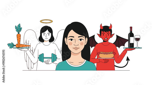 Woman standing between an angel offering healthy food and exercise and a devil offering junk food and alcohol.