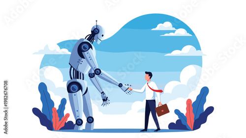 Large futuristic robot shaking hands with a businessman in a suit against a bright sky with fluffy white clouds.