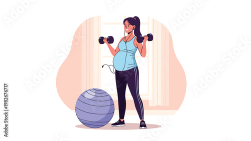 Active pregnant woman exercising with dumbbells in her living room with a fitness ball and listening to music.