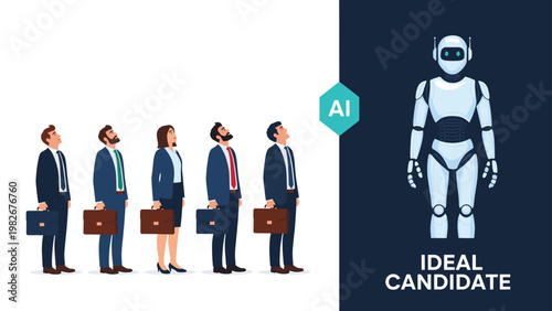 Human resources concept showing a line of business candidates compared against a tall white artificial intelligence robot as the ideal choice.