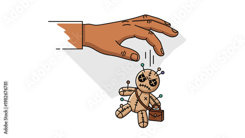 Large human hand reaching down to pick up a small stuffed voodoo doll with pins stuck in its head and body carrying a tiny briefcase.