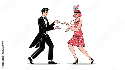 Elegant gentleman in a tuxedo and a lady in a polka dot flapper dress dancing together in a classic vintage style from the roaring twenties.