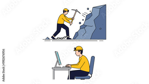 Side by side comparison of a traditional coal miner with a pickaxe and a modern office worker at a computer both wearing yellow hard hats.