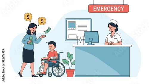 Worried mother at a hospital emergency reception desk with her young son in a wheelchair having a broken leg and arm in plaster casts.