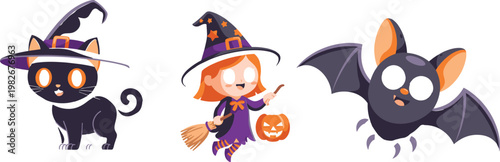 Flat vector illustration set of cute Halloween characters including black cat in witch hat little girl with broom and flying bat for festive seasonal party decorations and stickers